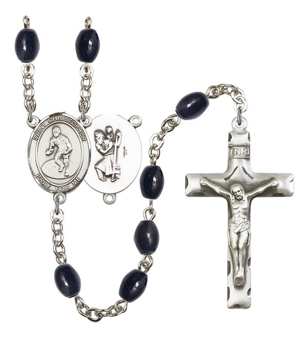 St. Christopher / Wrestling Rosary, 8x6mm Black Onyx Beads, Silver Plate, # 13790
