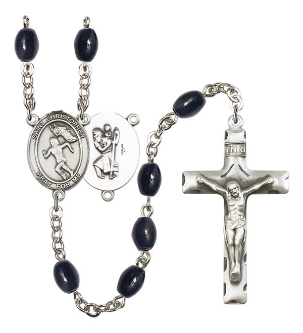 St. Christopher / Women's Track & Field Rosary, 8x6mm Black Onyx Beads, Silver Plate, # 13792