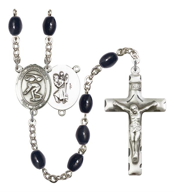 St. Christopher / Swimming Rosary, 8x6mm Black Onyx Beads, Silver Plate, # 13793