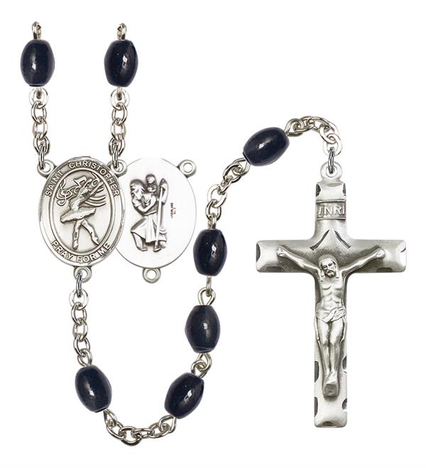 St. Christopher / Dance Rosary, 8x6mm Black Onyx Beads, Silver Plate, # 13794