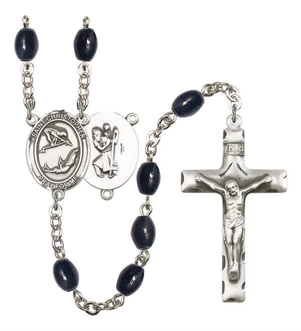 St. Christopher / Gymnastics Rosary, 8x6mm Black Onyx Beads, Silver Plate, # 13795