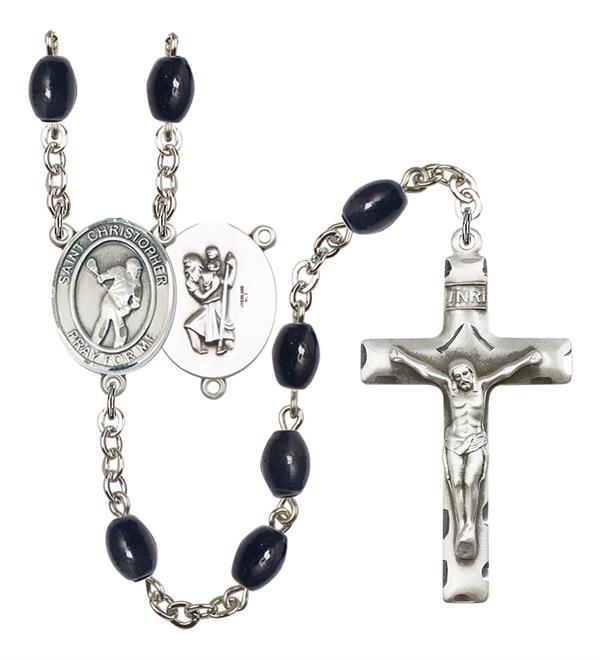 St. Christopher / Lacrosse Rosary, 8x6mm Black Onyx Beads, Silver Plate, # 13798