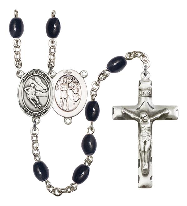 St. Sebastian / Hockey Rosary, 8x6mm Black Onyx Beads, Silver Plate, # 13803