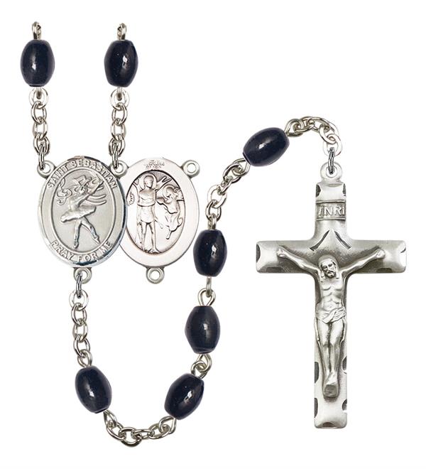 St. Sebastian / Dance Rosary, 8x6mm Black Onyx Beads, Silver Plate, # 13812