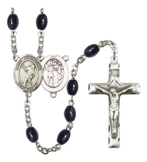 St. Sebastian / Lacrosse Rosary, 8x6mm Black Onyx Beads, Silver Plate, # 13816