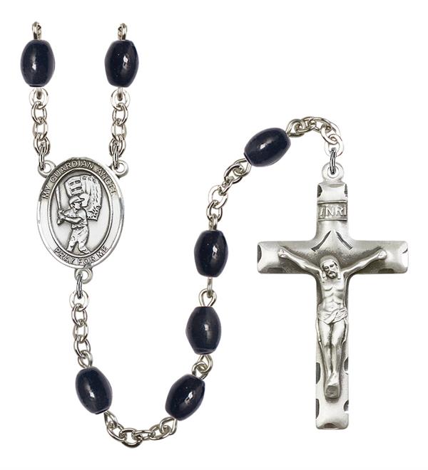 Guardian Angel / Baseball Rosary, 8x6mm Black Onyx Beads, Silver Plate, # 13820
