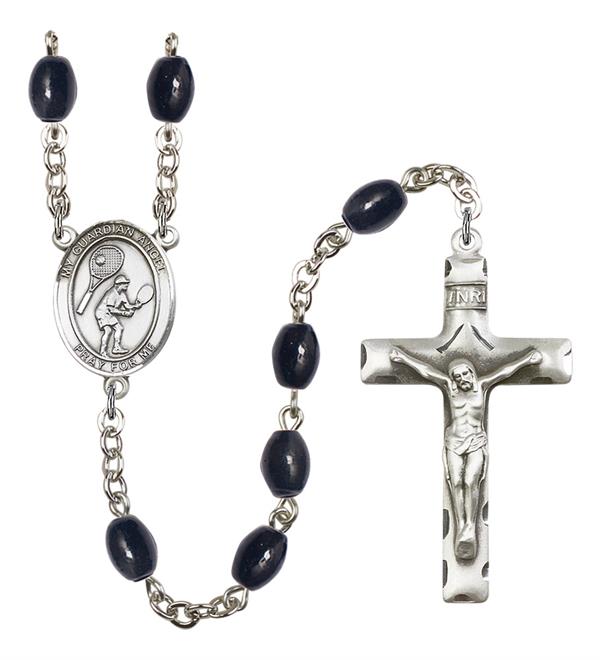 Guardian Angel / Tennis Rosary, 8x6mm Black Onyx Beads, Silver Plate, # 13825
