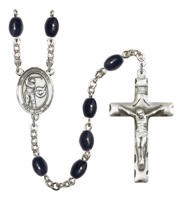 Guardian Angel / Golf Rosary, 8x6mm Black Onyx Beads, Silver Plate, # 13826