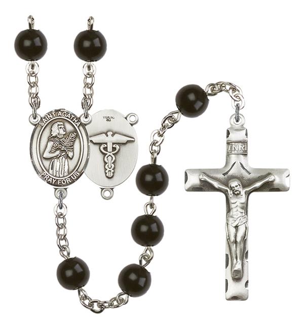 St. Agatha Nurse Rosary, 7mm Black Onyx Beads, Silver Plate, # 13838
