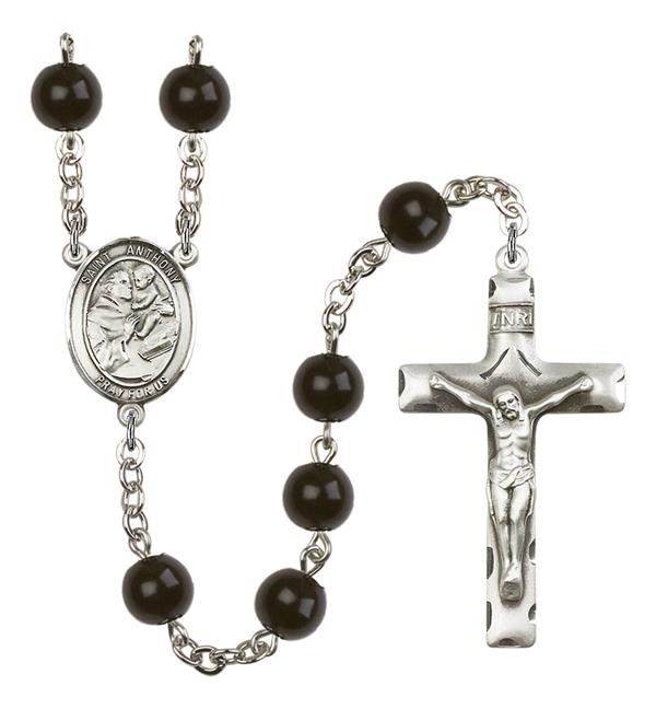 St. Anthony Rosary, 7mm Black Onyx Beads, Silver Plate, # 13839