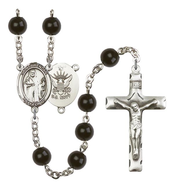 St. Brendan U.S. Navy Rosary, 7mm Black Onyx Beads, Silver Plate, # 13859