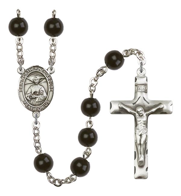 St. Catherine Laboure Rosary, 7mm Black Onyx Beads, Silver Plate, # 13863