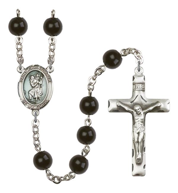 St. Christopher Rosary, Blue Enamel, 7mm Black Onyx Beads, Silver Plate, # 13865