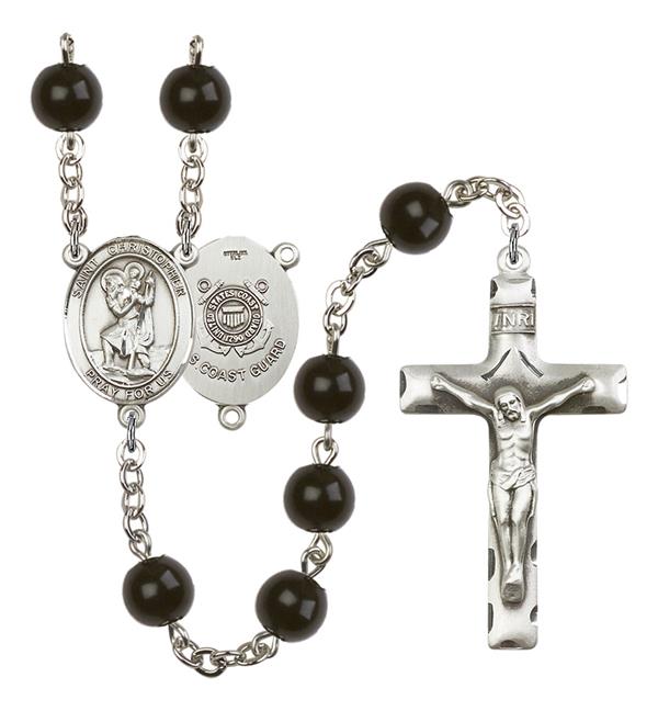 St. Christopher U.S. Coast Guard Rosary, 7mm Black Onyx Beads, Silver Plate, # 13869