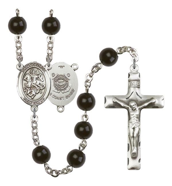 St. George U.S. Coast Guard Rosary, 7mm Black Onyx Beads, Silver Plate, # 13897