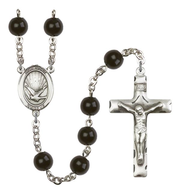 Holy Spirit Rosary, 7mm Black Onyx Beads, Silver Plate, # 13905