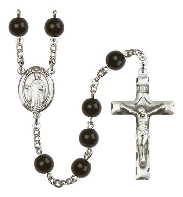 St. Justin Rosary, 7mm Black Onyx Beads, Silver Plate, # 13913
