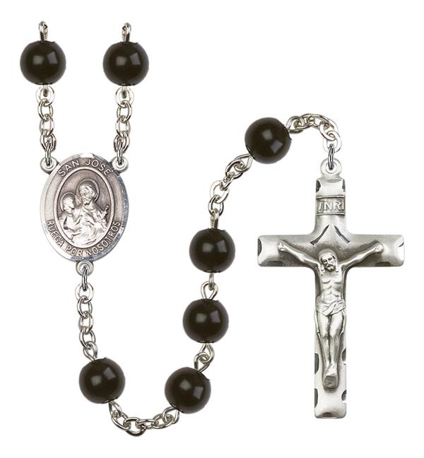 San Jose Rosary, 7mm Black Onyx Beads, Silver Plate, # 13922