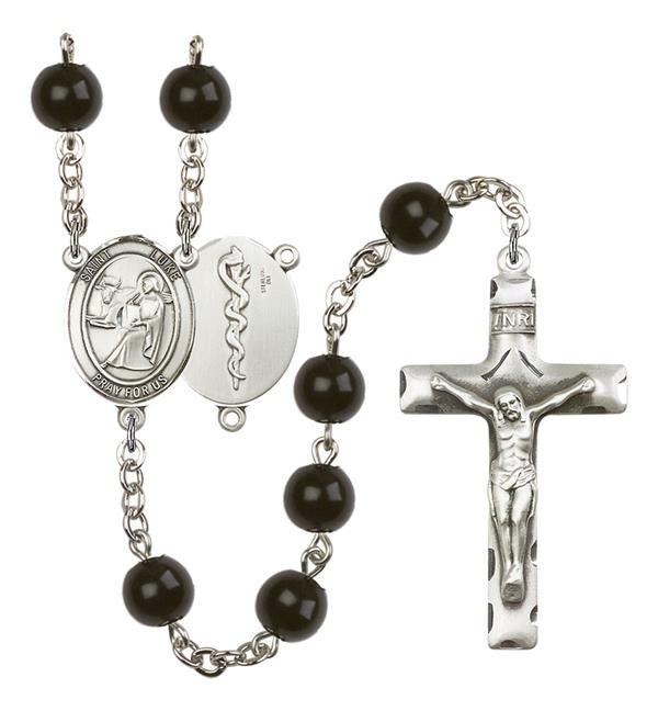 St. Luke Doctor's Rosary, 7mm Black Onyx Beads, Silver Plate, # 13934