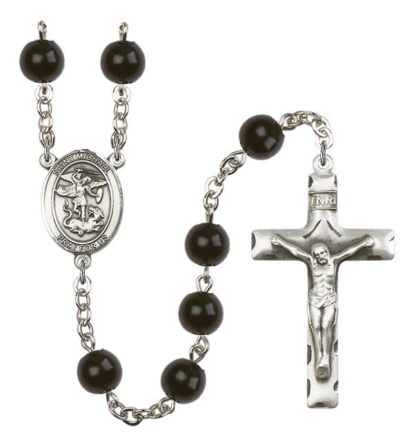 St. Michael Rosary, 7mm Black Onyx Beads, Silver Plate, # 13942