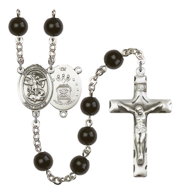 St. Michael U.S. Air Force Rosary, 7mm Black Onyx Beads, Silver Plate, # 13943