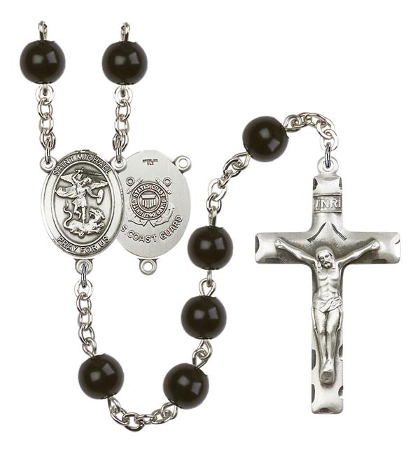 St. Michael U.S. Coast Guard Rosary, 7mm Black Onyx Beads, Silver Plate, # 13946