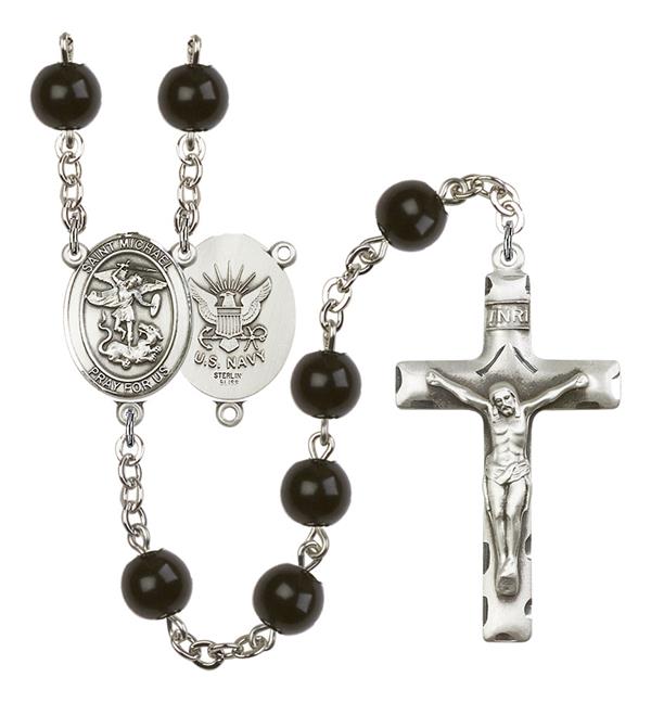 St. Michael U.S. Navy Rosary, 7mm Black Onyx Beads, Silver Plate, # 13949