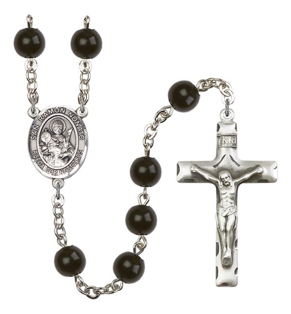 San Ramon Nonato Spanish Rosary, 7mm Black Onyx Beads, Silver Plate, # 13970