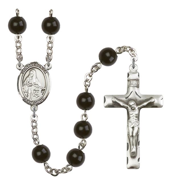 St. Veronica Rosary, 7mm Black Onyx Beads, Silver Plate, # 13990