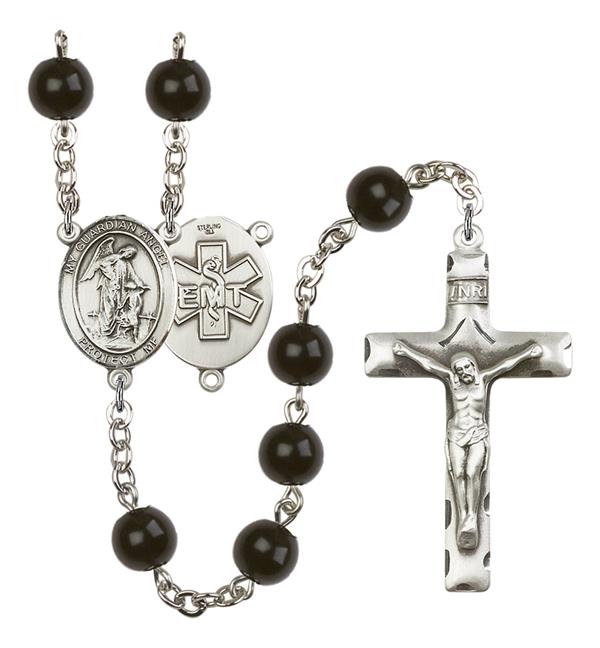 Guardian Angel EMT Rosary, 7mm Black Onyx Beads, Silver Plate, # 14001