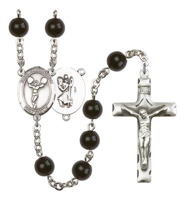 St. Christopher / Cheerleading Rosary, 7mm Black Onyx Beads, Silver Plate, # 14030