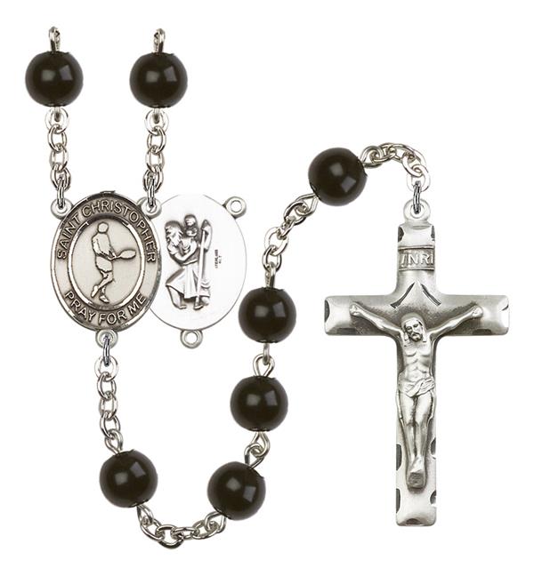 St. Christopher / Tennis Rosary, 7mm Black Onyx Beads, Silver Plate, # 14042
