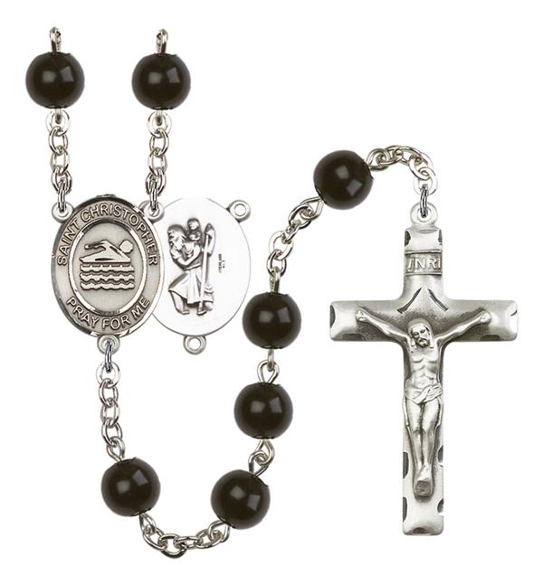 St. Christopher / Swimming Rosary, 7mm Black Onyx Beads, Silver Plate, # 14043