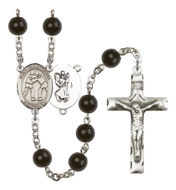 St. Christopher / Wrestling Rosary, 7mm Black Onyx Beads, Silver Plate, # 14045