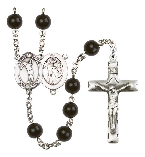 St. Sebastian / Golf Rosary, 7mm Black Onyx Beads, Silver Plate, # 14048