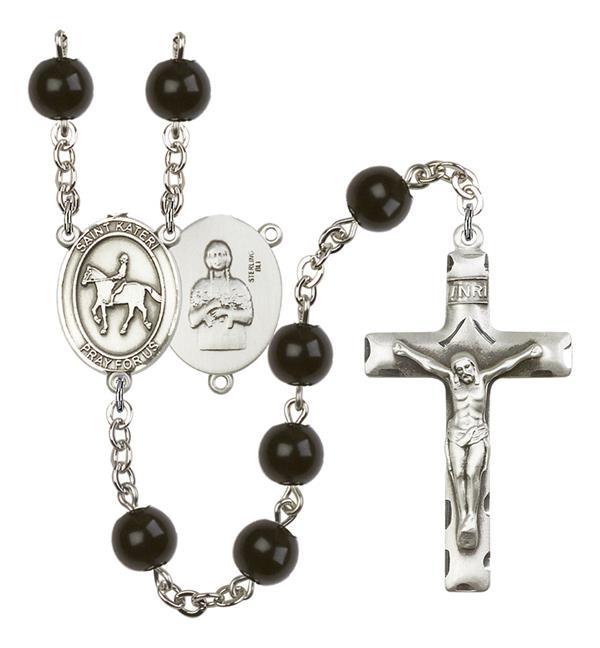 St. Kateri / Equestrian Rosary, 7mm Black Onyx Beads, Silver Plate, # 14068
