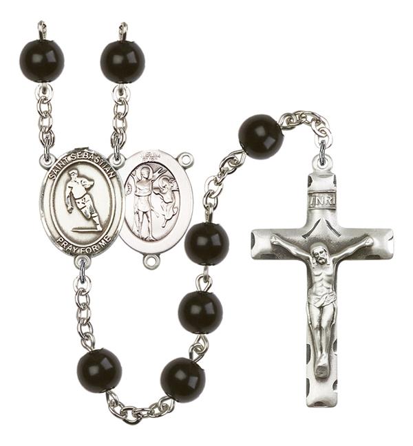 St. Sebastian / Rugby Rosary, 7mm Black Onyx Beads, Silver Plate, # 14078