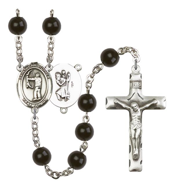 St. Christopher / Archery Rosary, 7mm Black Onyx Beads, Silver Plate, # 14081