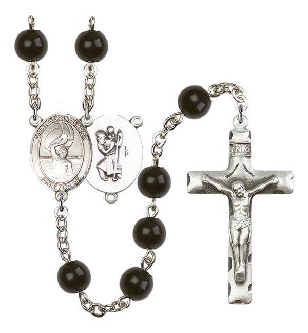 St. Christopher / Men's Water Polo Rosary, 7mm Black Onyx Beads, Silver Plate, # 14089