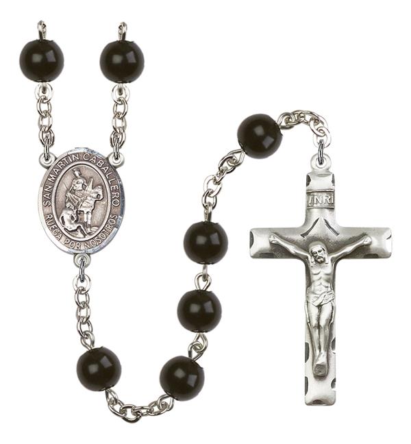 San Martin Caballero Spanish Rosary, 7mm Black Onyx Beads, Silver Plate, # 14092