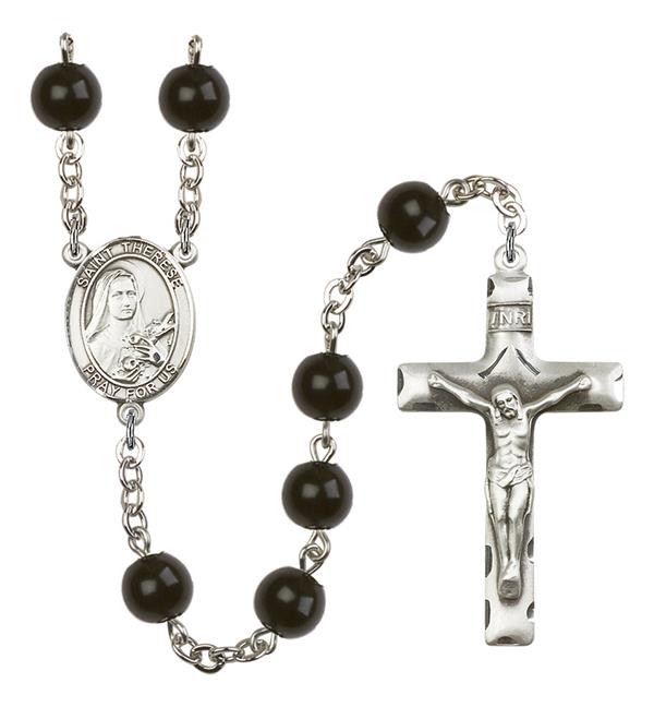 St. Therese of Lisieux Rosary, 7mm Black Onyx Beads, Silver Plate, # 14104
