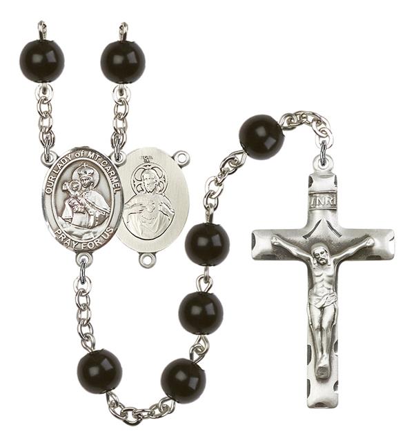 Our Lady of Mount Carmel Rosary, 7mm Black Onyx Beads, Silver Plate, # 14139