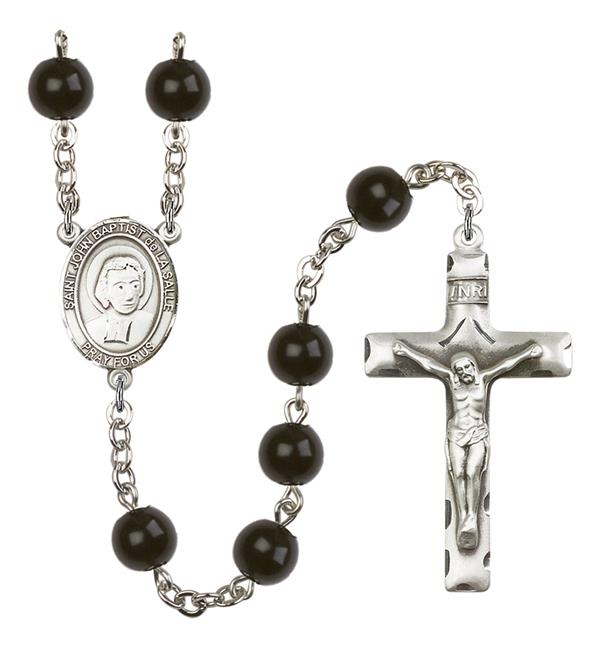 St. John Baptist de la Salle Rosary, 7mm Black Onyx Beads, Silver Plate, # 14159