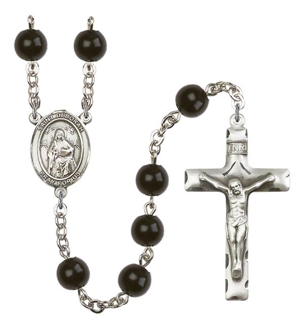 St. Deborah Rosary, 7mm Black Onyx Beads, Silver Plate, # 14194