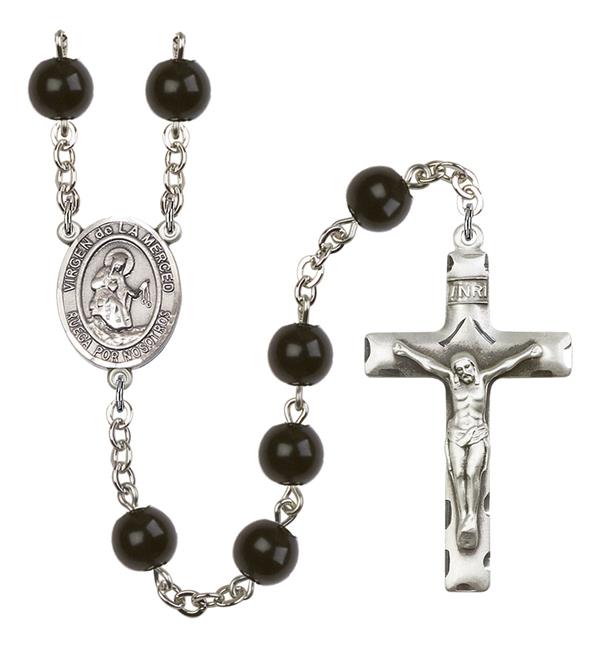Virgen de la Merced Spanish Rosary, 7mm Black Onyx Beads, Silver Plate, # 14199