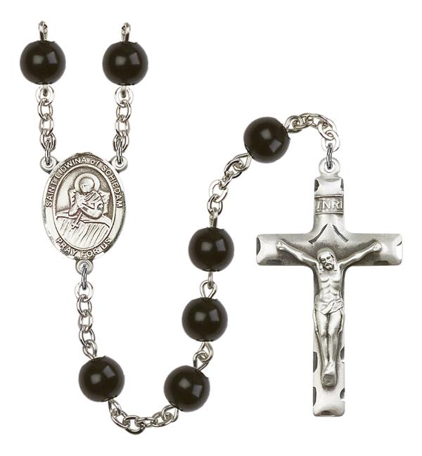 St. Lidwina of Schiedam Rosary, 7mm Black Onyx Beads, Silver Plate, # 14207