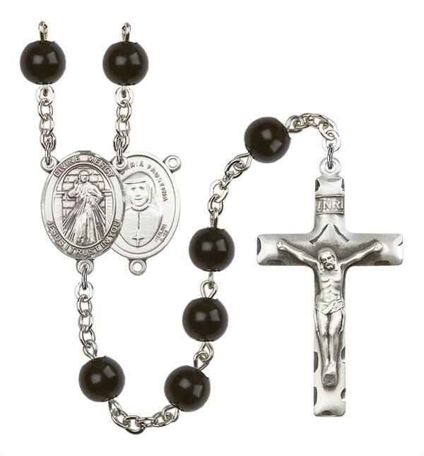 Divine Mercy Rosary, 7mm Black Onyx Beads, Silver Plate, # 14288