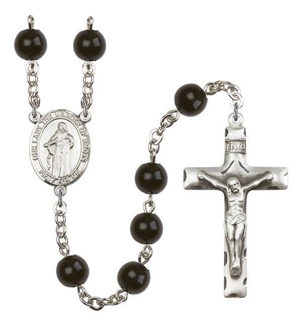 Our Lady Undoer of Knots Rosary, 7mm Black Onyx Beads, Silver Plate, # 14306