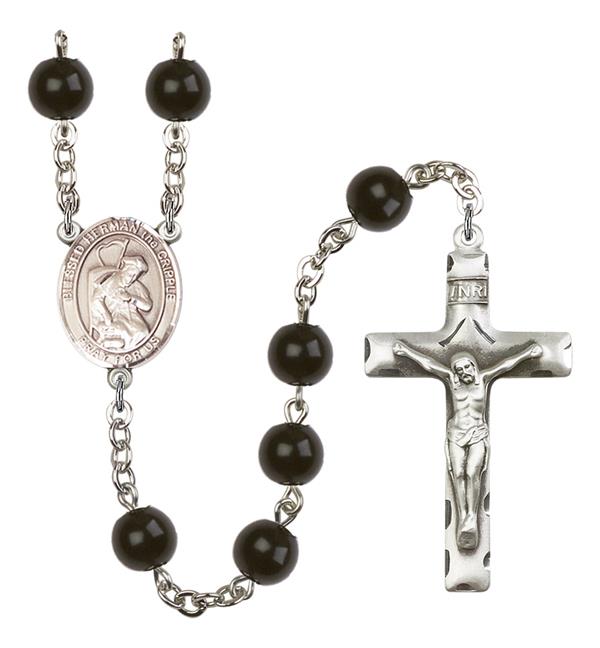 Blessed Herman the Cripple Rosary, 7mm Black Onyx Beads, Silver Plate, # 14325