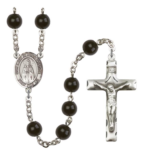 Our Lady of Rosa Mystica Rosary, 7mm Black Onyx Beads, Silver Plate, # 14335